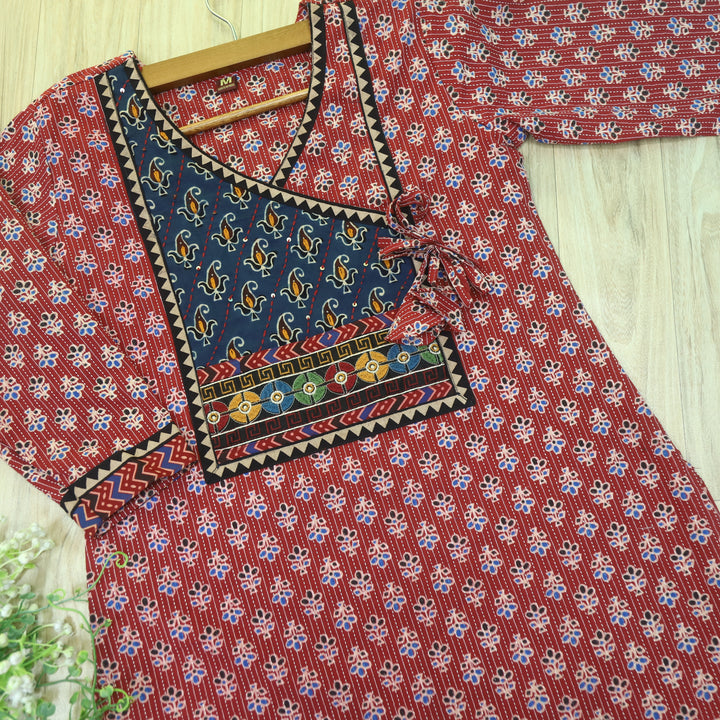 Ghoomer Apple Red Angrakha Style Neck Work Print Cotton Kurti-D1