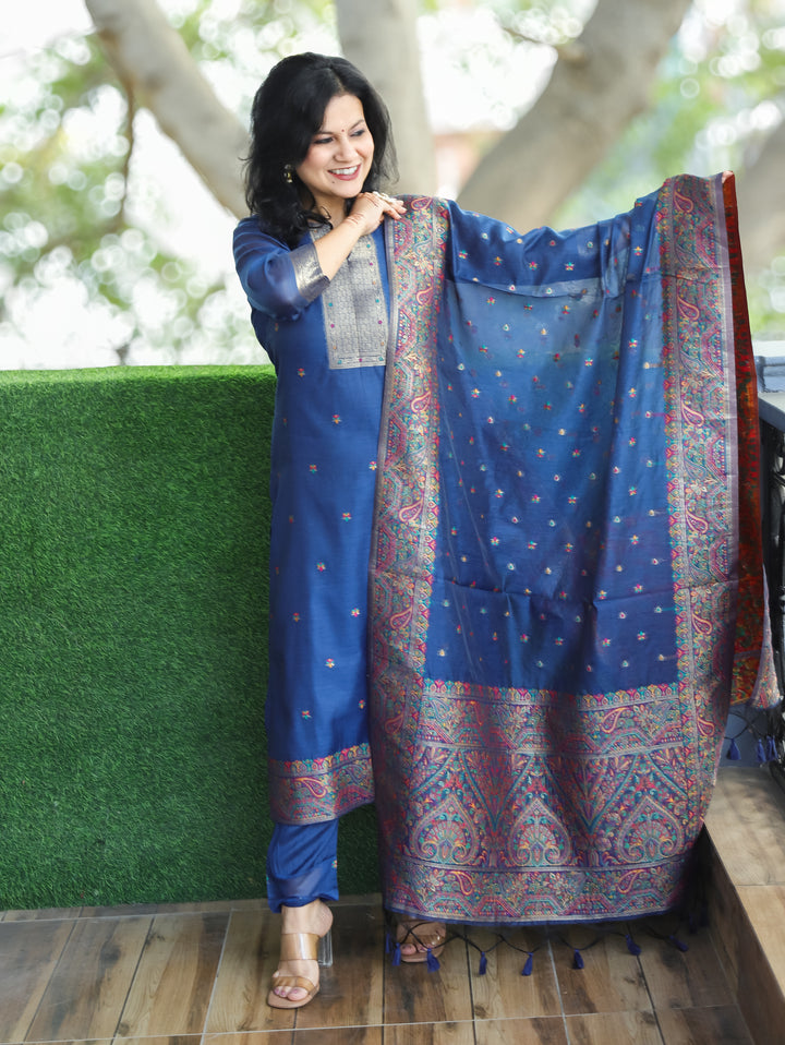 Saheli Cerulean Blue Round Neck in Jamdani Kashmiri Inspired Chanderi 3 Piece Set