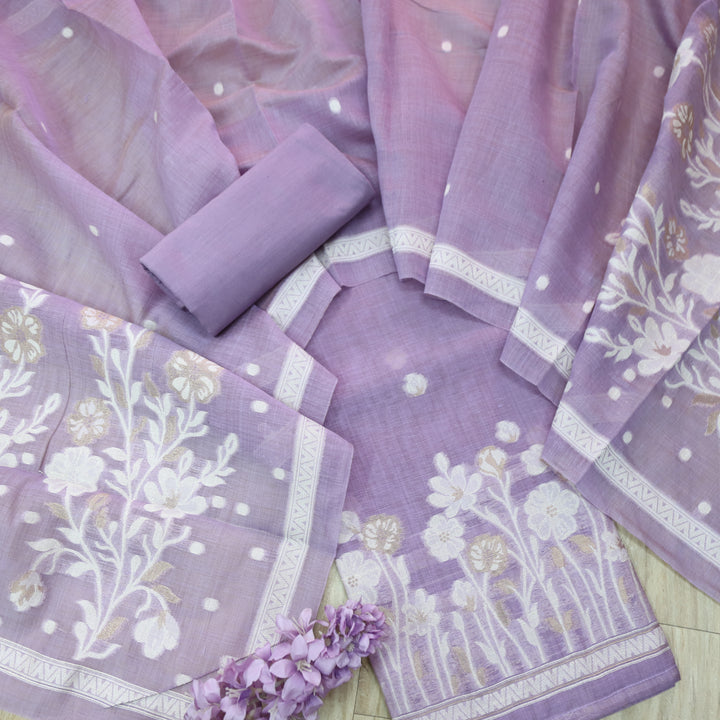 Rubaroo Lavish Lilac All Over Zari Weaved Jamdani Suit Set