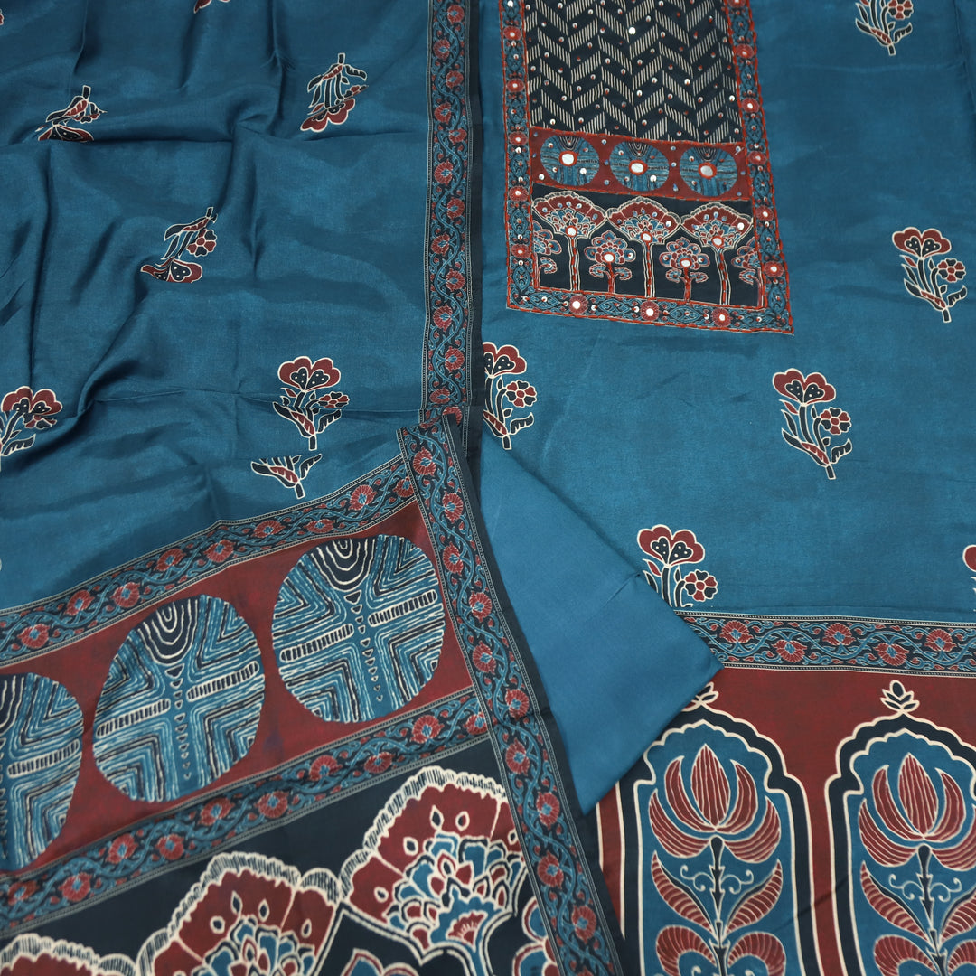 Newari Midnight Teal French Knot in All Over Ajrak Printed Muslin Suit Set