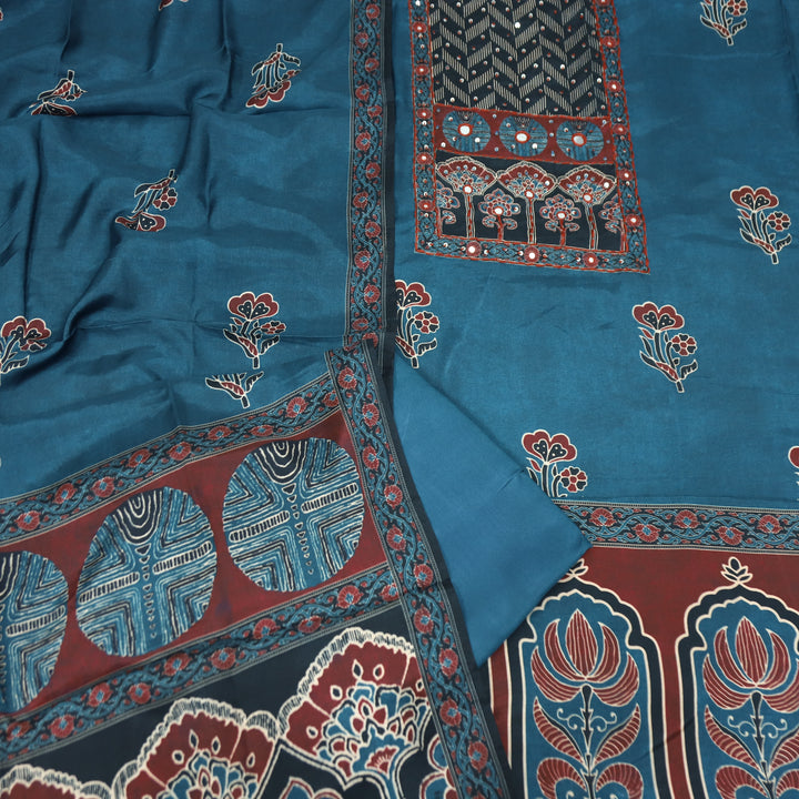 Newari Midnight Teal French Knot in All Over Ajrak Printed Muslin Suit Set