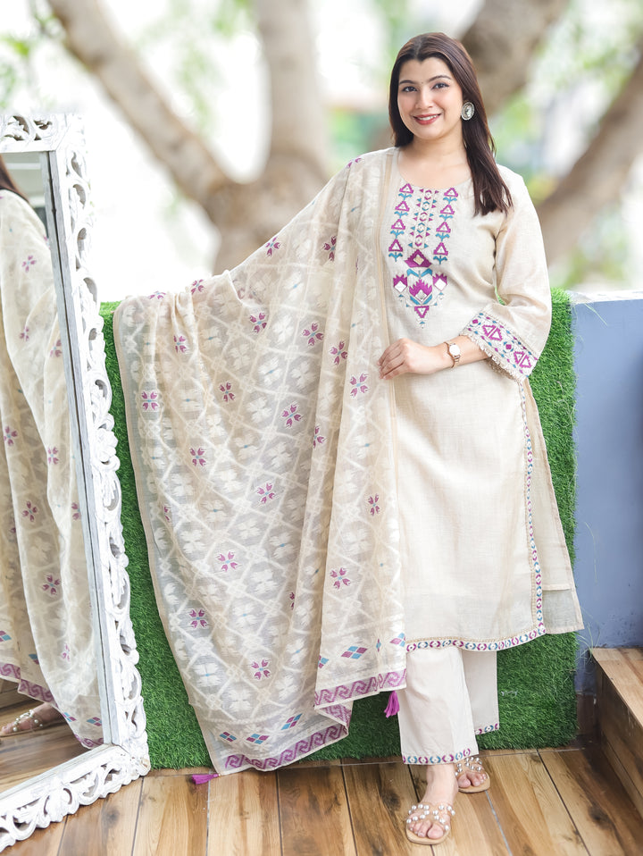 Julia Hazel Beige Embroidered Chanderi 3 Piece Set