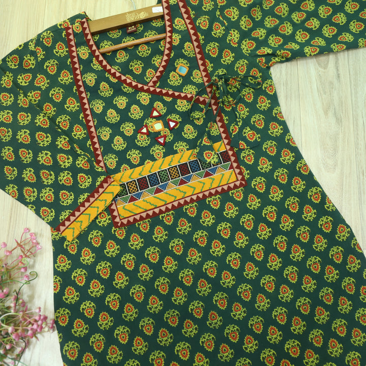 Ghoomer Grass Green Angrakha Style Neck Work Print Cotton Kurti-D2