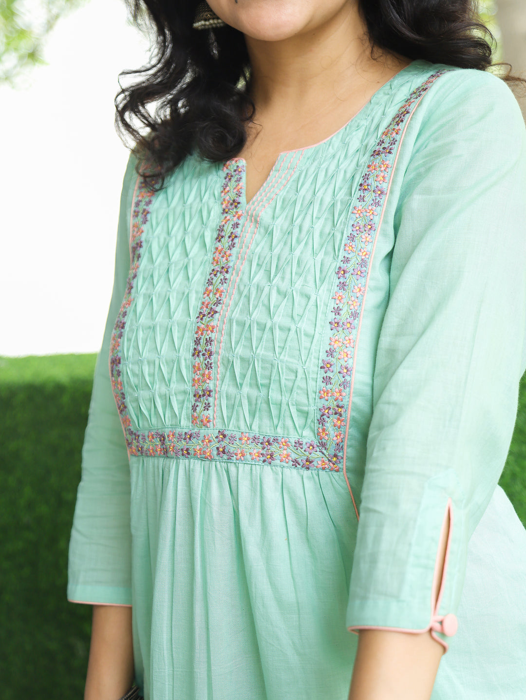 Rushali Minty Green Pintuck Work Yoke Cotton Kurti