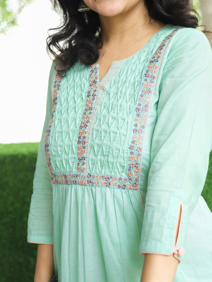 Rushali Minty Green Pintuck Work Yoke Cotton Kurti
