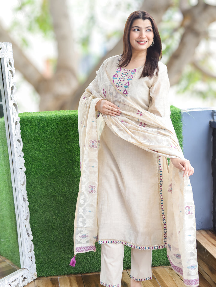 Julia Hazel Beige Embroidered Chanderi 3 Piece Set
