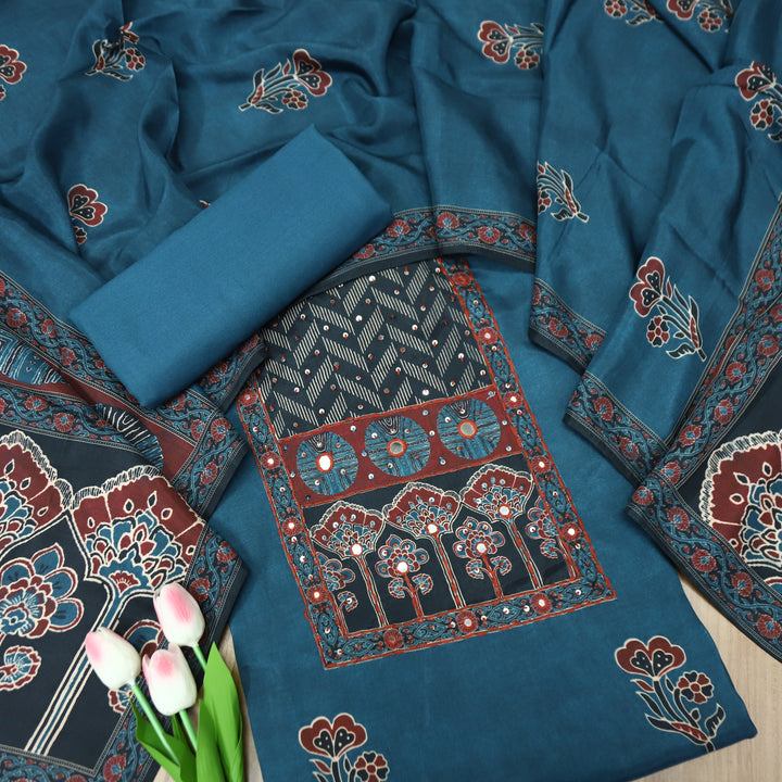 Newari Midnight Teal French Knot in All Over Ajrak Printed Muslin Suit Set