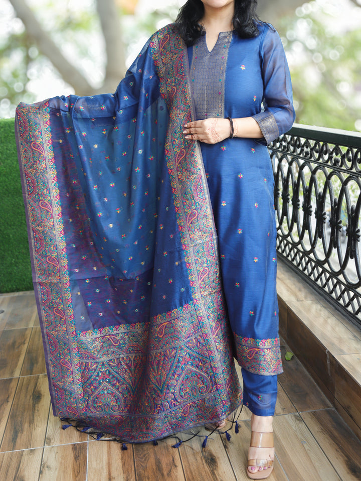 Saheli Cerulean Blue Round Neck in Jamdani Kashmiri Inspired Chanderi 3 Piece Set