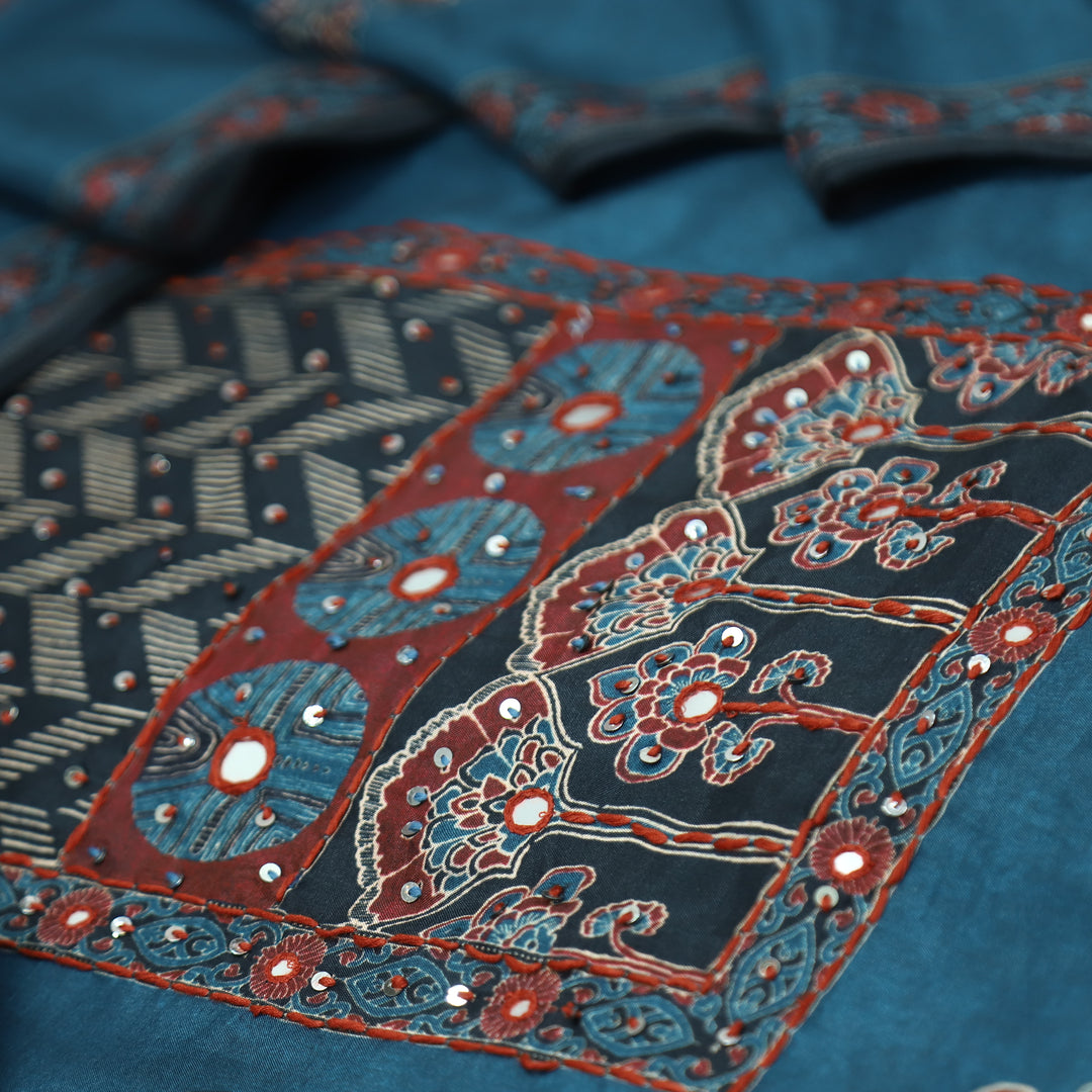Newari Midnight Teal French Knot in All Over Ajrak Printed Muslin Suit Set