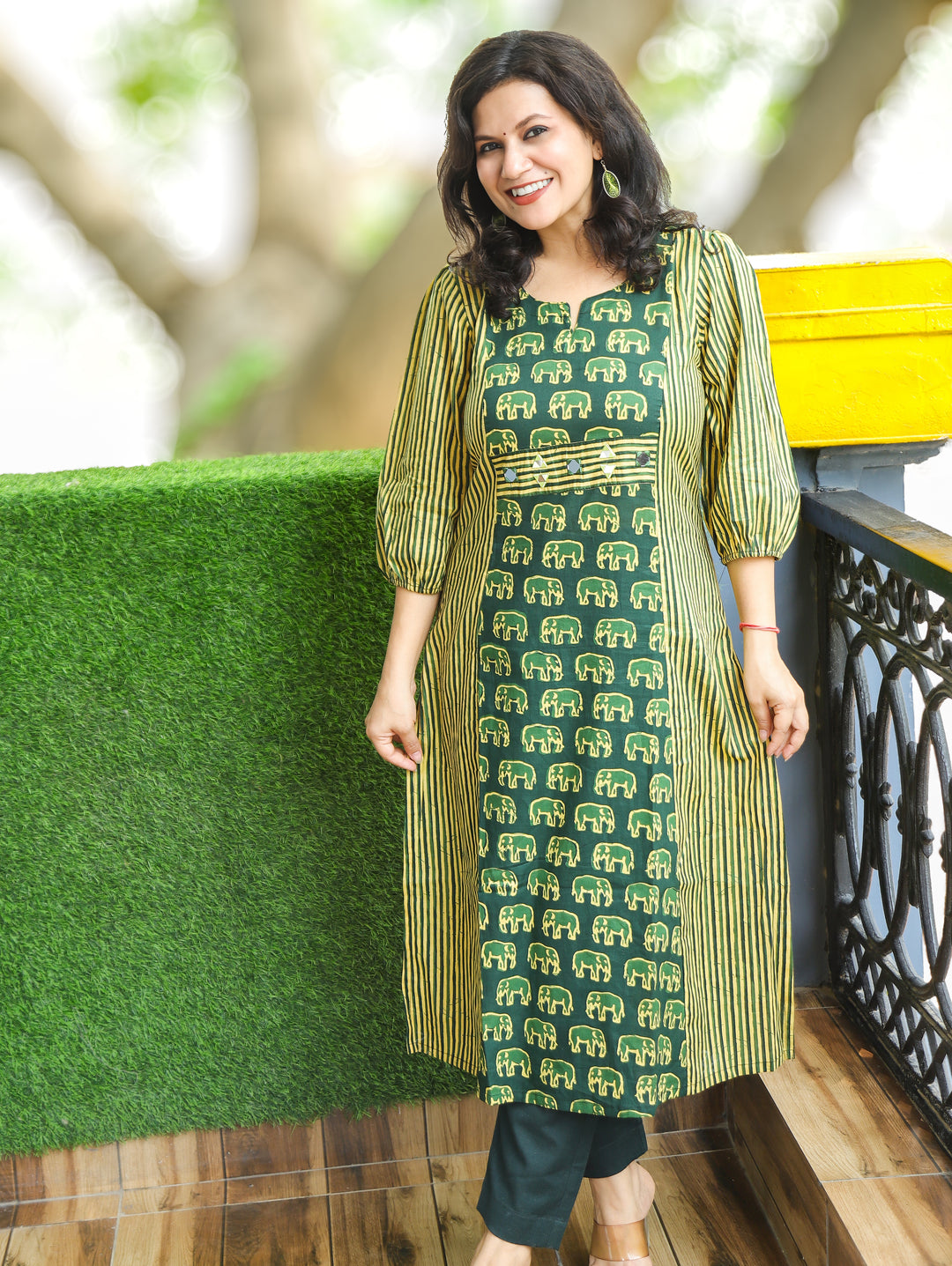 Nisha Green Mirror Work Gajj Print Panel Cotton Kurti