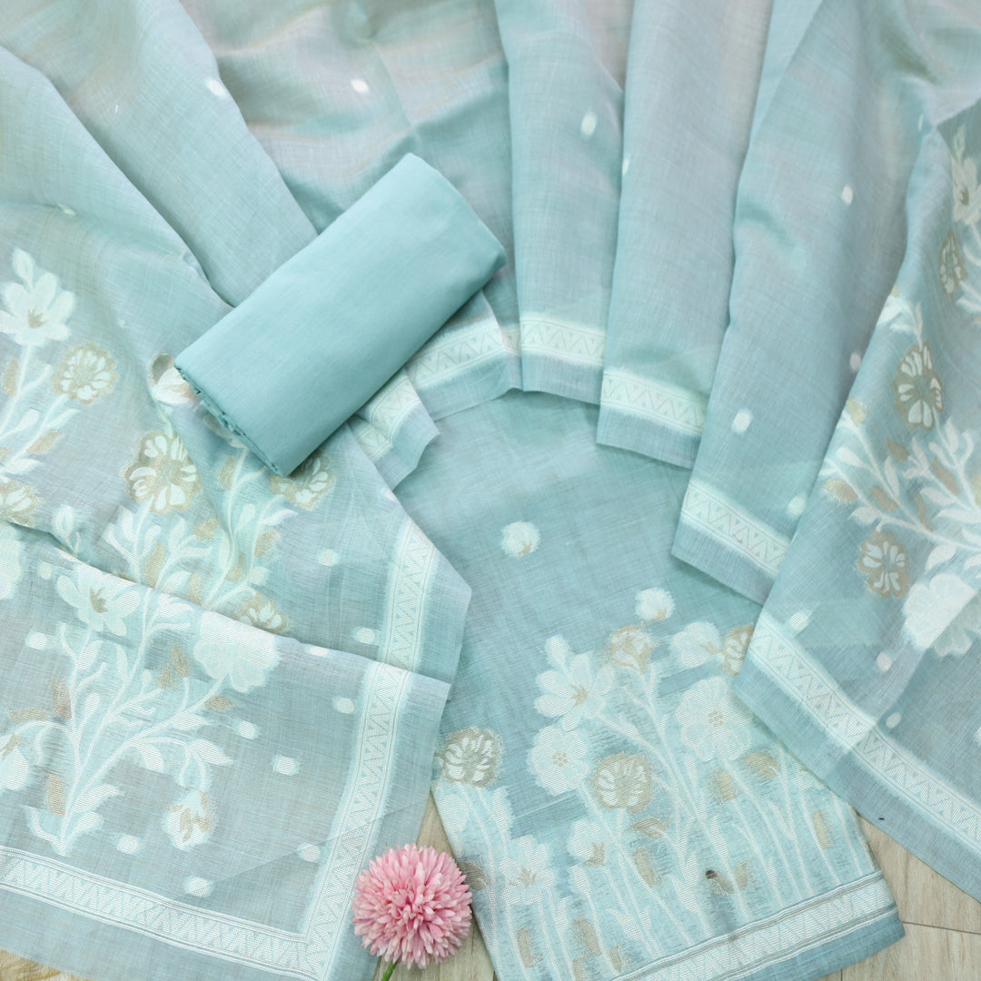 Rubaroo Sea Blue All Over Zari Weaved Jamdani Suit Set