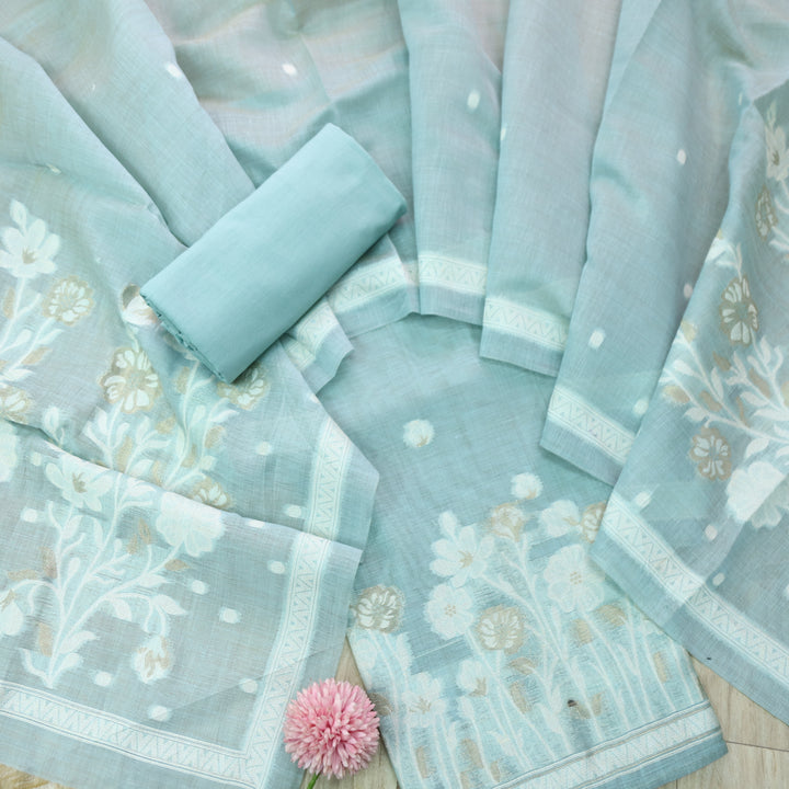 Rubaroo Sea Blue All Over Zari Weaved Jamdani Suit Set
