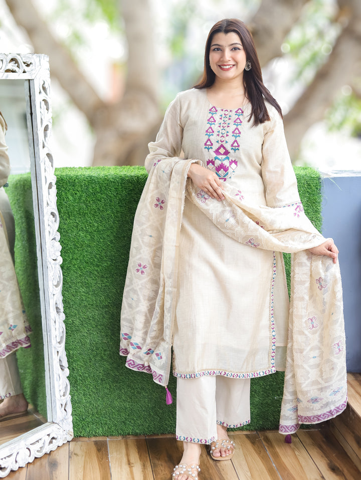 Julia Hazel Beige Embroidered Chanderi 3 Piece Set