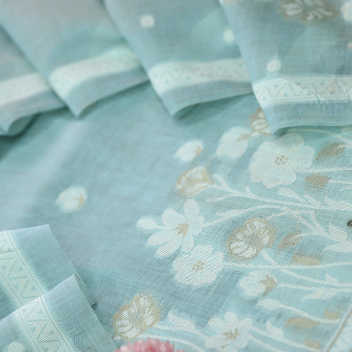 Rubaroo Sea Blue All Over Zari Weaved Jamdani Suit Set