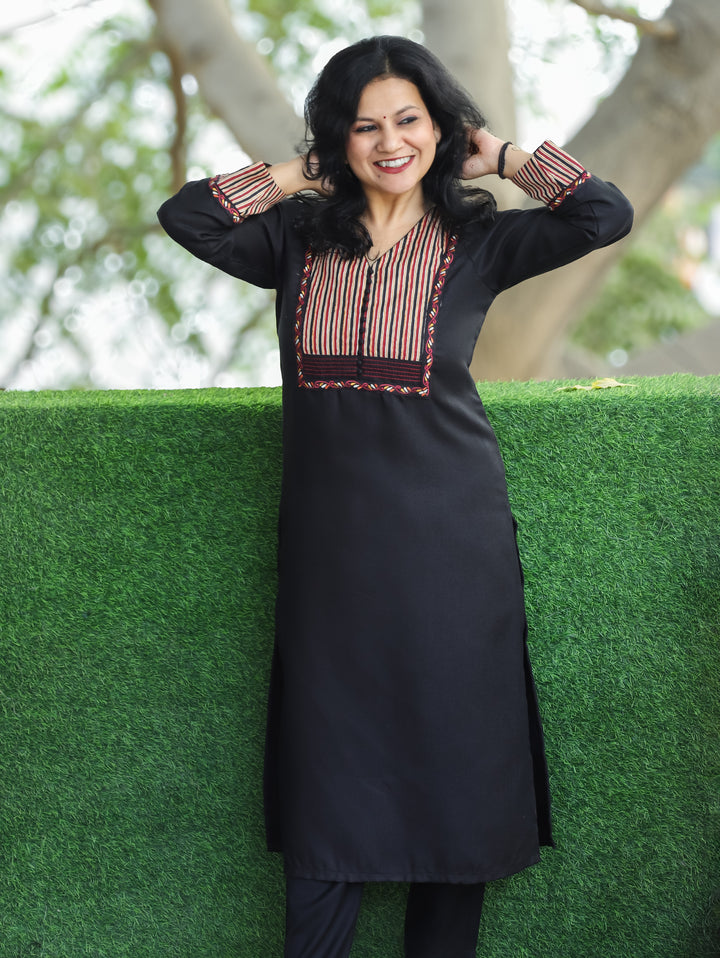 Pratiksha Black Potli Button Work in Stripe Patch Neck Semi Pashmina Winter Kurti