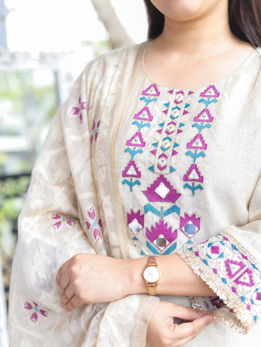 Julia Hazel Beige Embroidered Chanderi 3 Piece Set