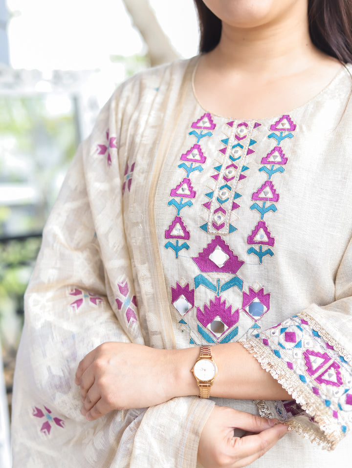 Julia Hazel Beige Embroidered Chanderi 3 Piece Set