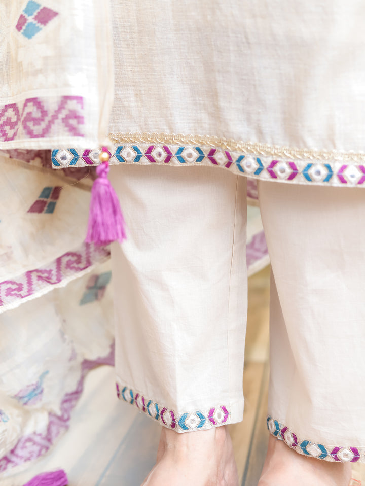 Julia Hazel Beige Embroidered Chanderi 3 Piece Set