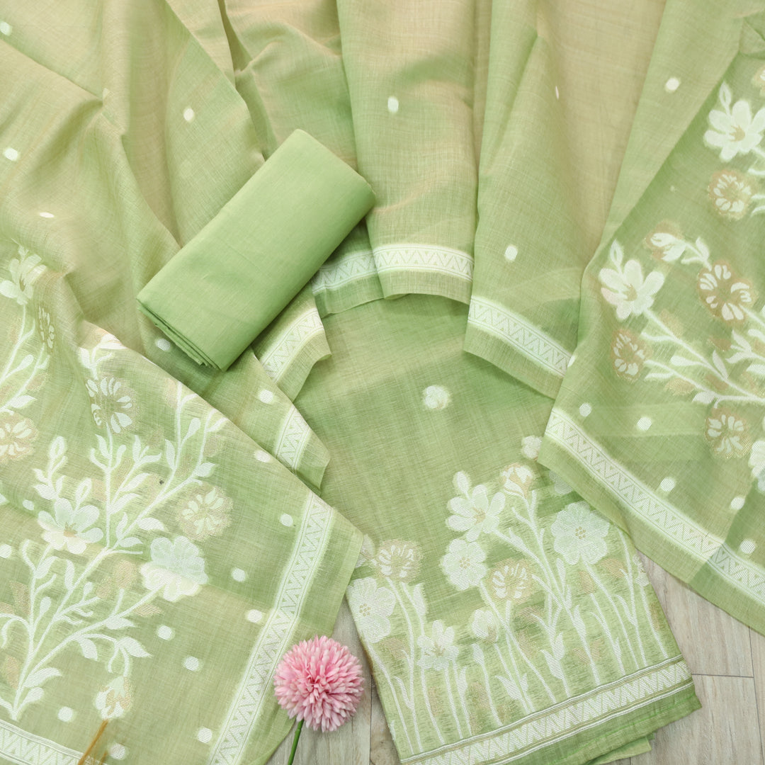 Rubaroo Mint Green All Over Zari Weaved Jamdani Suit Set