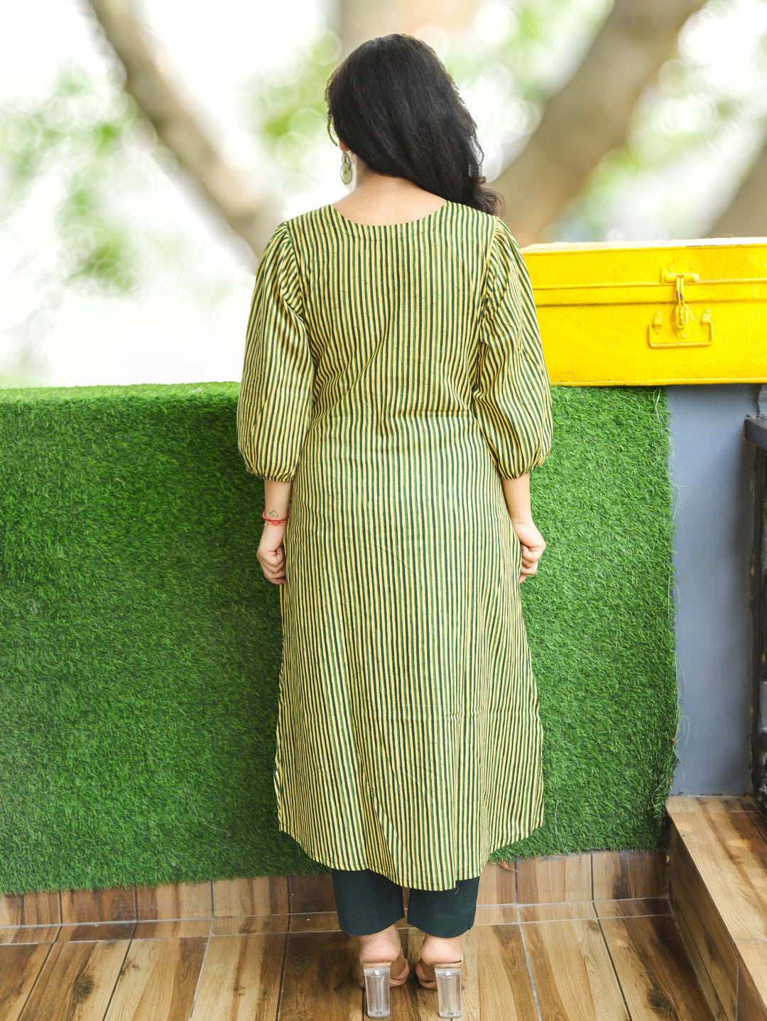 Nisha Green Mirror Work Gajj Print Panel Cotton Kurti