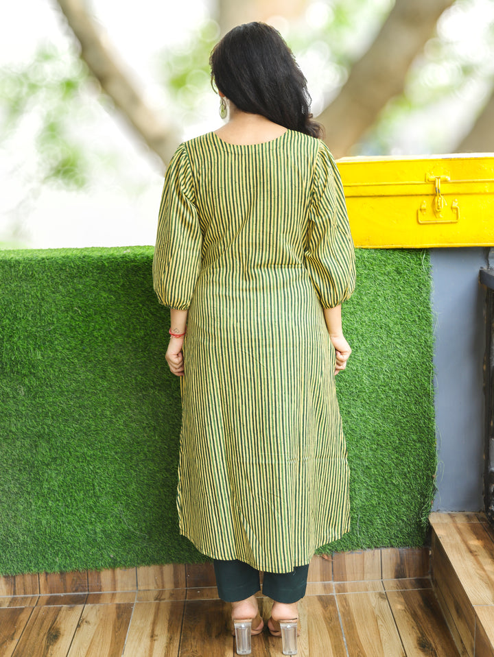 Nisha Green Mirror Work Gajj Print Panel Cotton Kurti