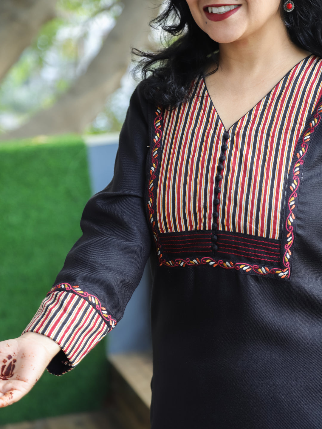 Pratiksha Black Potli Button Work in Stripe Patch Neck Semi Pashmina Winter Kurti