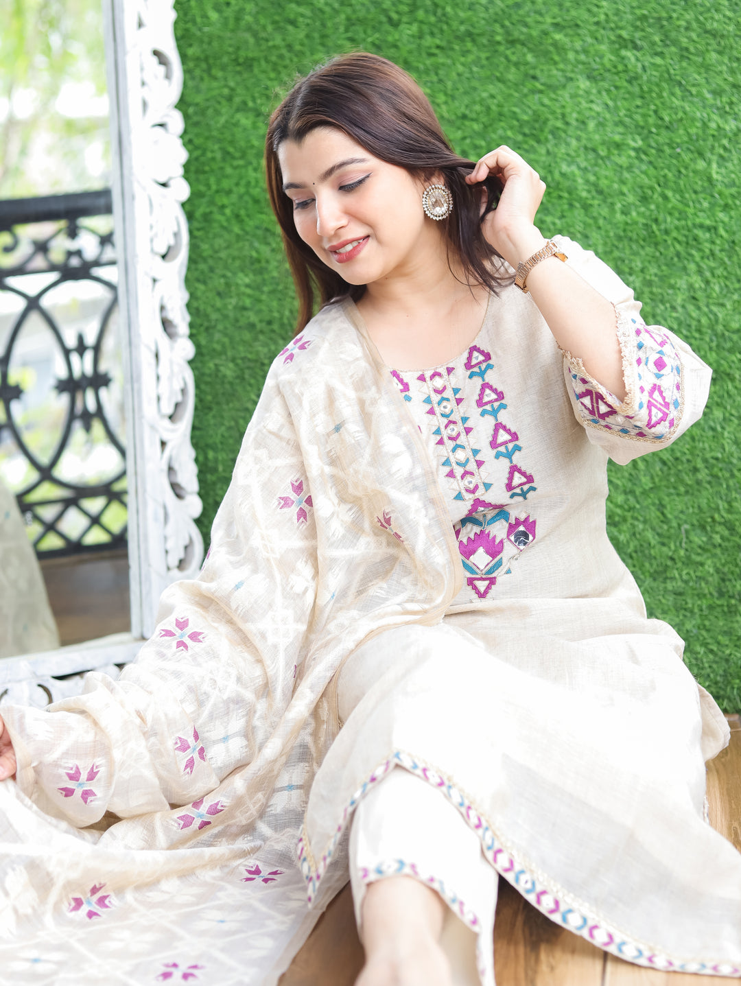 Julia Hazel Beige Embroidered Chanderi 3 Piece Set