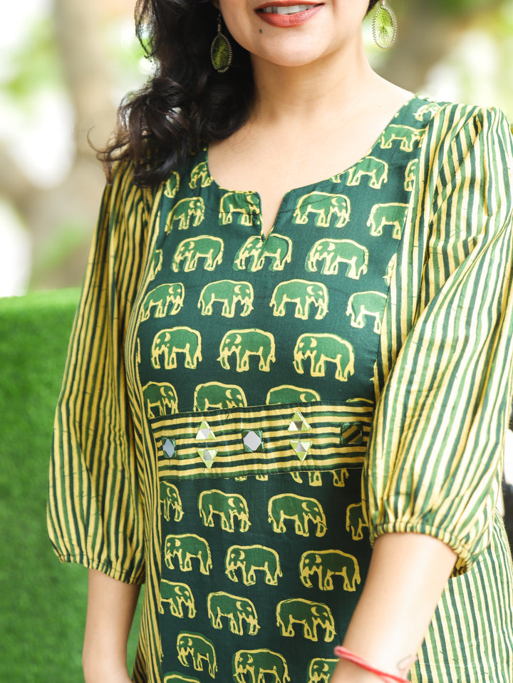 Nisha Green Mirror Work Gajj Print Panel Cotton Kurti