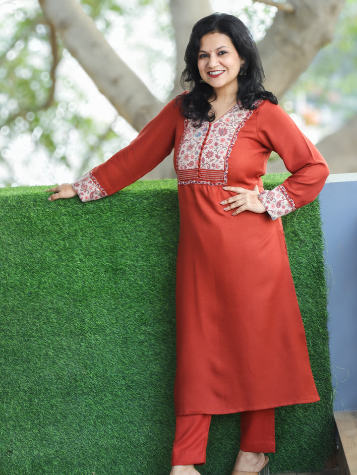 Tarang Tang Rust Potli Button Work in Kanni Patch Neck Semi Pashmina Winter Kurti