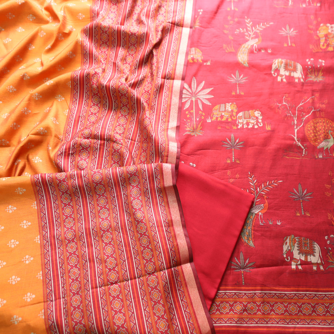 Kumari Berry Red Bird and Gajj Print Maheshwari Chanderi Set