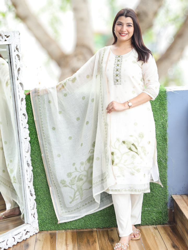 Sofia Off-White Green Bird Kota Doriya 3 Piece Set
