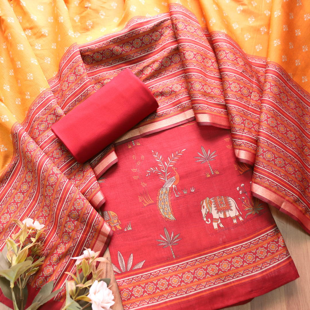 Kumari Berry Red Bird and Gajj Print Maheshwari Chanderi Set