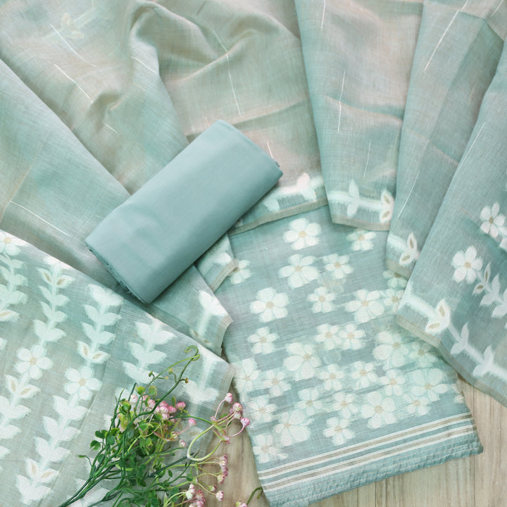 Jannat Sea Green Floral Authentic Jamdani Top and Jamdani Dupatta
