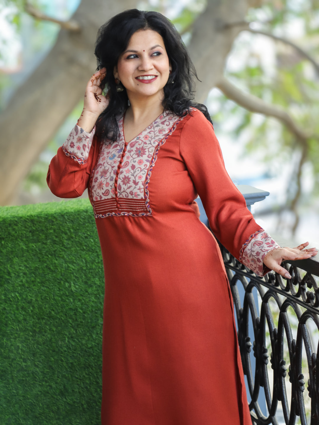 Tarang Tang Rust Potli Button Work in Kanni Patch Neck Semi Pashmina Winter Kurti