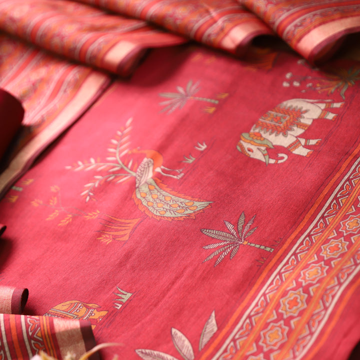 Kumari Berry Red Bird and Gajj Print Maheshwari Chanderi Set
