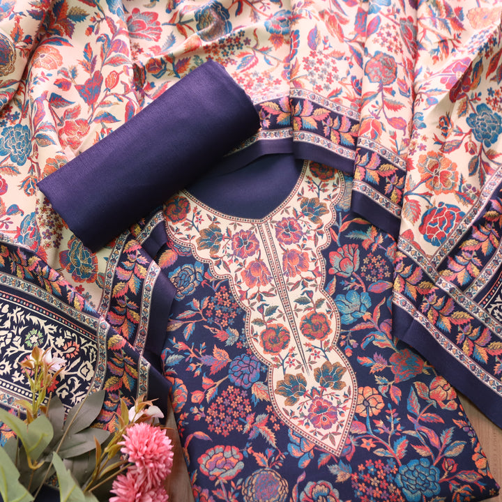 जयंती Royal Blue Digital Kashmiri Printed Semi Pashmina Winter Suit Set