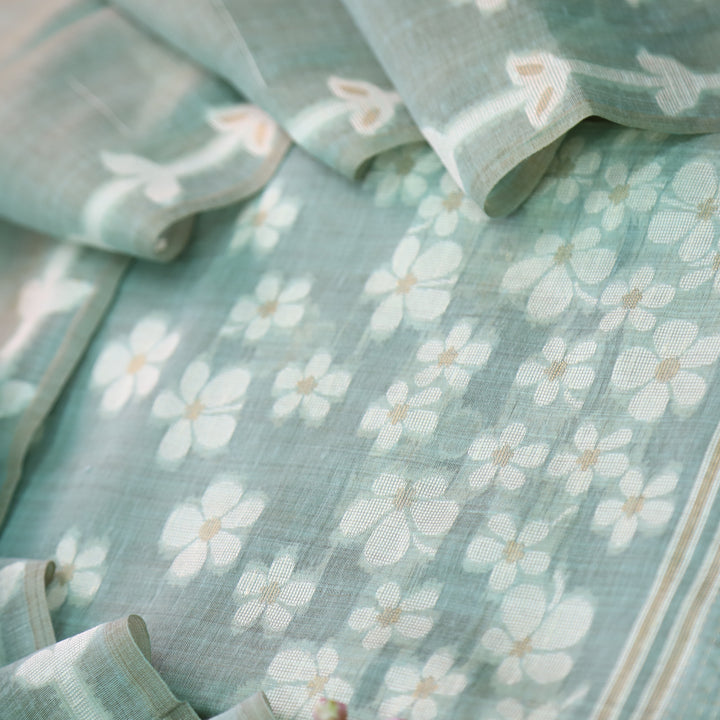 Jannat Sea Green Floral Authentic Jamdani Top and Jamdani Dupatta