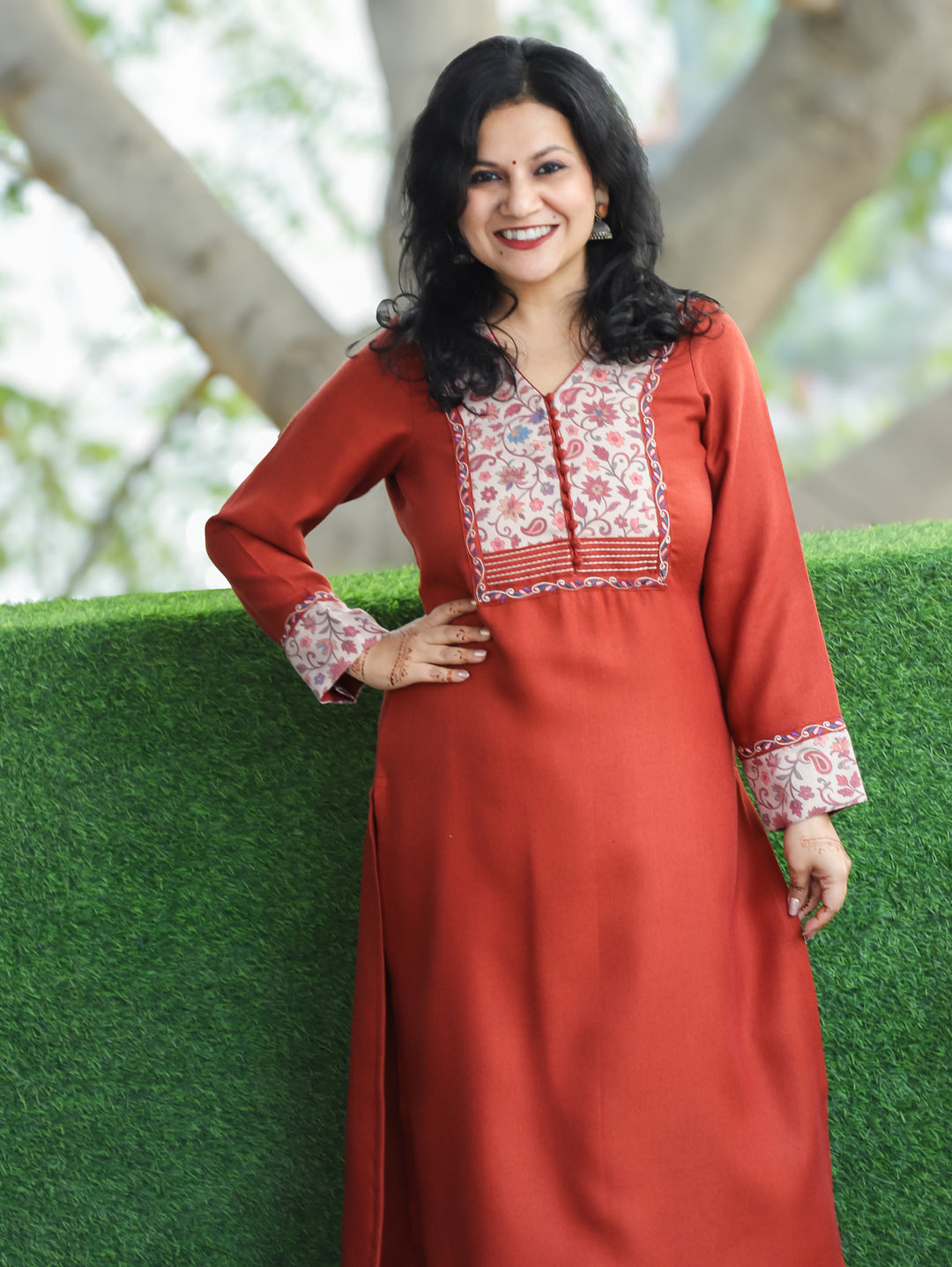 Tarang Tang Rust Potli Button Work in Kanni Patch Neck Semi Pashmina Winter Kurti