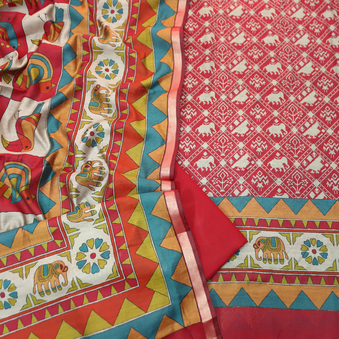 Meena Rani Red Patola Printed Work Maheshwari Chanderi Set