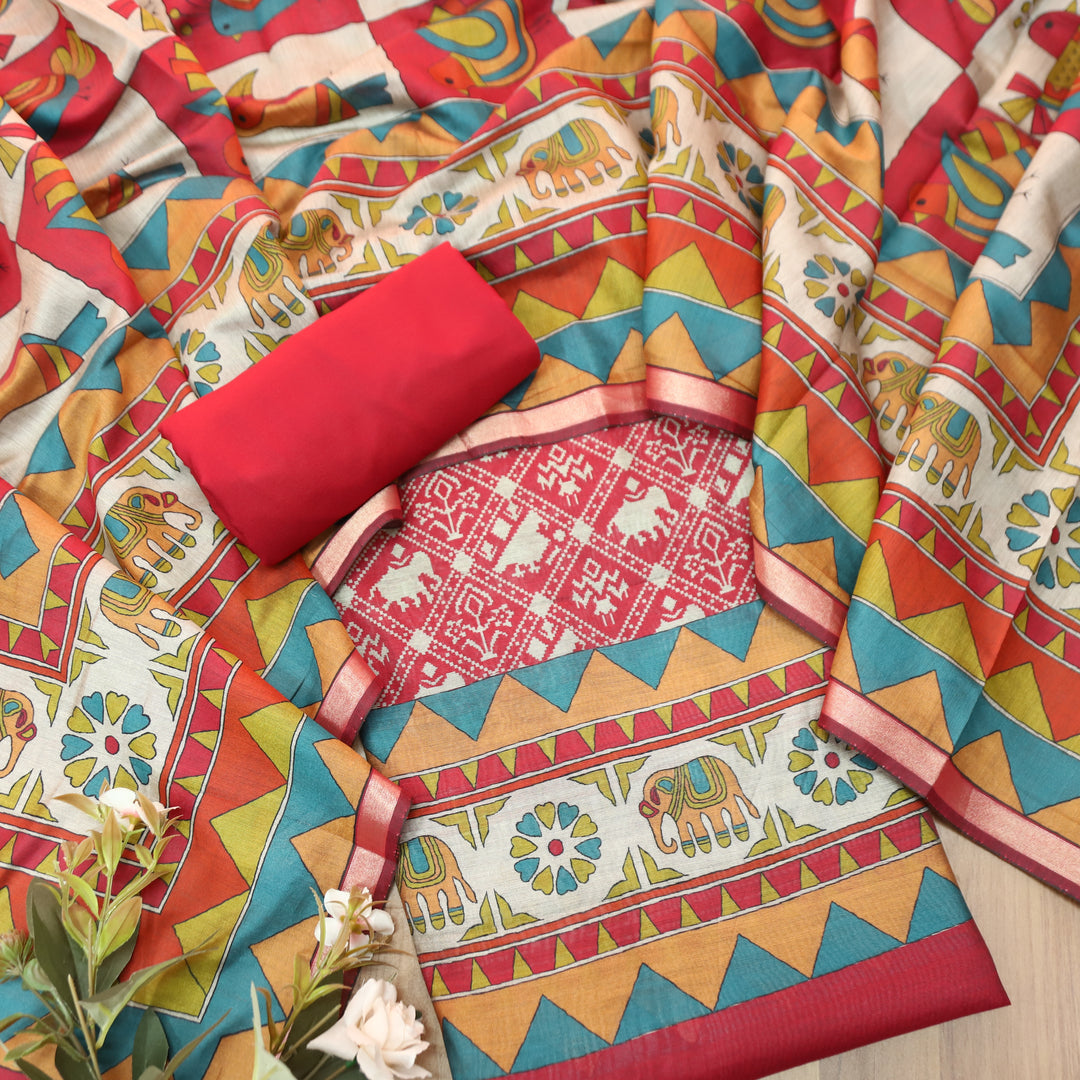 Meena Rani Red Patola Printed Work Maheshwari Chanderi Set