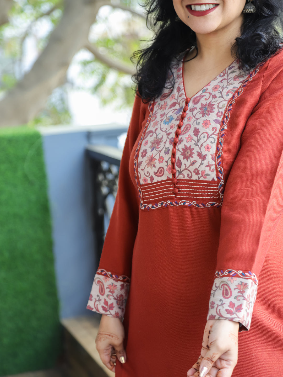 Tarang Tang Rust Potli Button Work in Kanni Patch Neck Semi Pashmina Winter Kurti