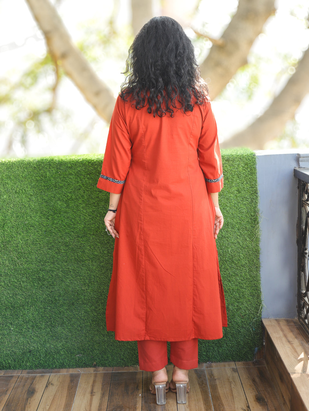 Keshvi Rust Orange Thread Embroiered Neck with Patra Cotton Kurti with Pocket
