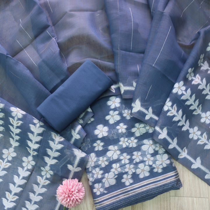Jannat Bluish Grey Floral Authentic Jamdani Top and Jamdani Dupatta