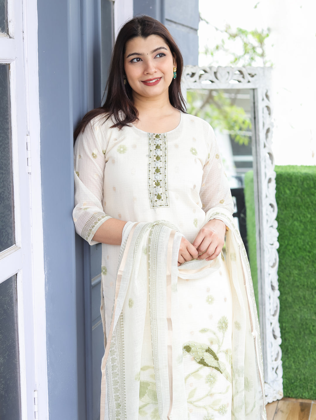 Sofia Off-White Green Bird Kota Doriya 3 Piece Set