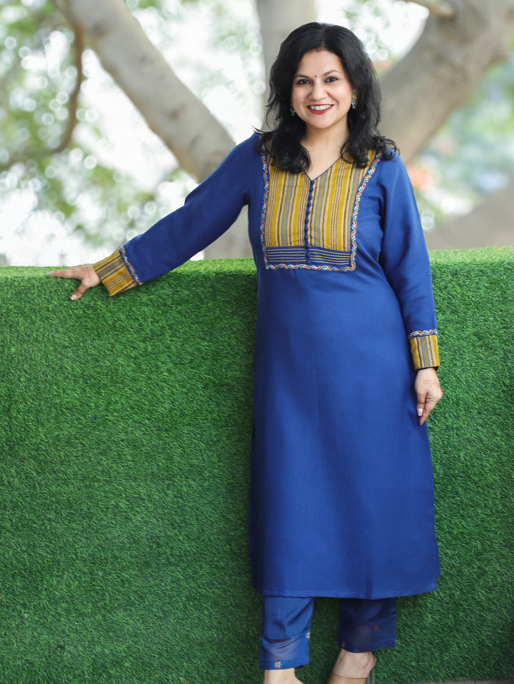 Pratiksha Blue Potli Button Work in Stripe Patch Neck Semi Pashmina Winter Kurti