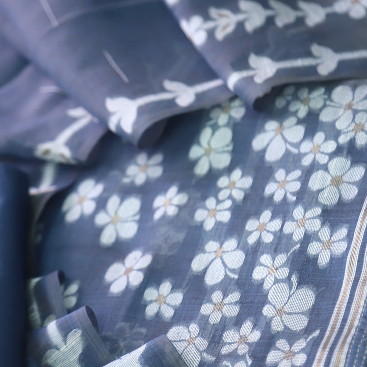 Jannat Bluish Grey Floral Authentic Jamdani Top and Jamdani Dupatta