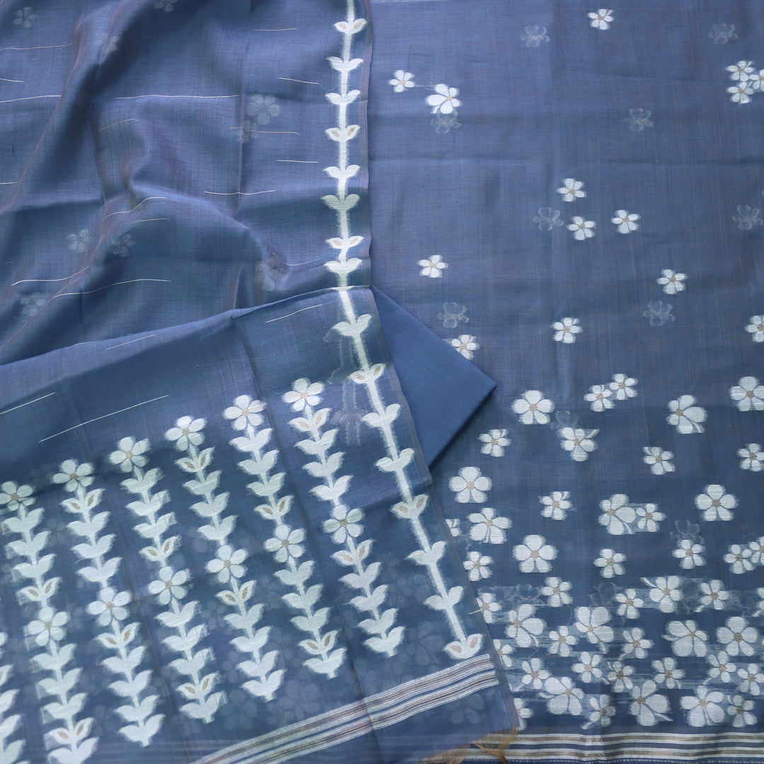 Jannat Bluish Grey Floral Authentic Jamdani Top and Jamdani Dupatta