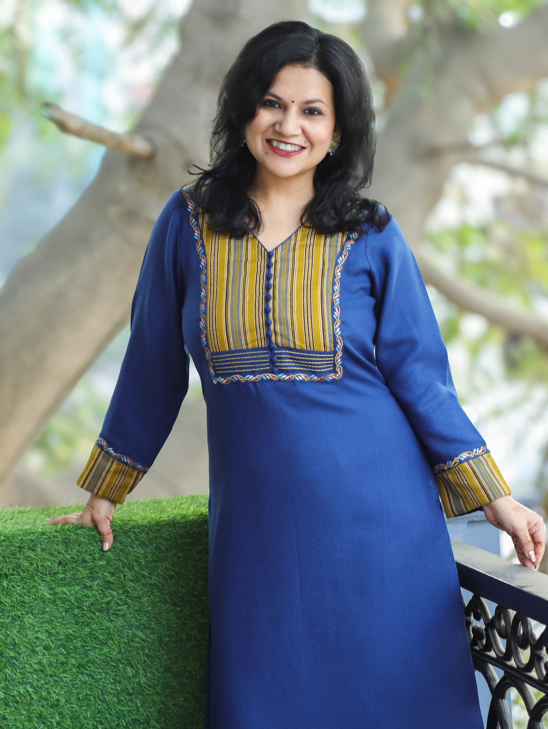 Pratiksha Blue Potli Button Work in Stripe Patch Neck Semi Pashmina Winter Kurti