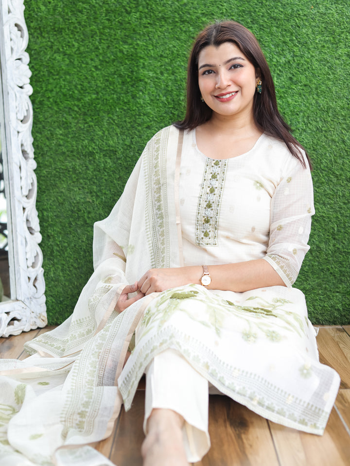 Sofia Off-White Green Bird Kota Doriya 3 Piece Set