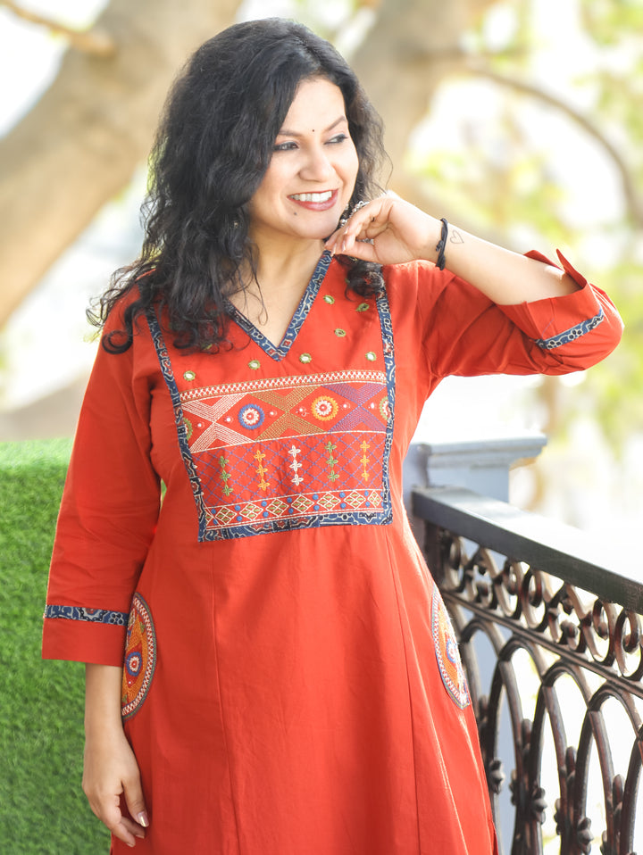 Keshvi Rust Orange Thread Embroiered Neck with Patra Cotton Kurti with Pocket